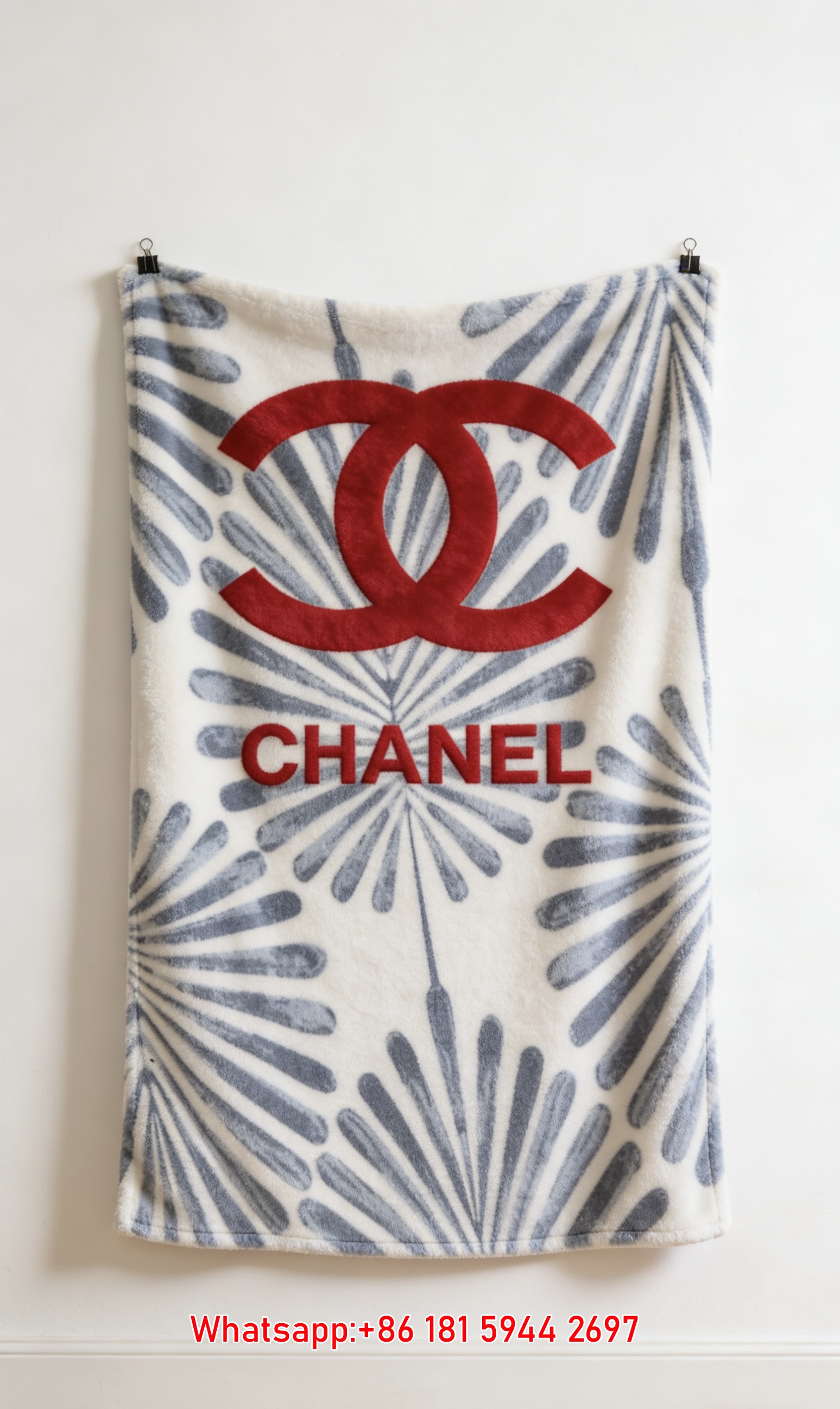 Chanel Red CC Logo Blue Palm Leaf Flannel Throw Blanket IMG_7082